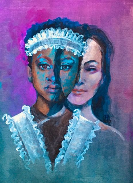Two painted portraits converge against a purple painted background