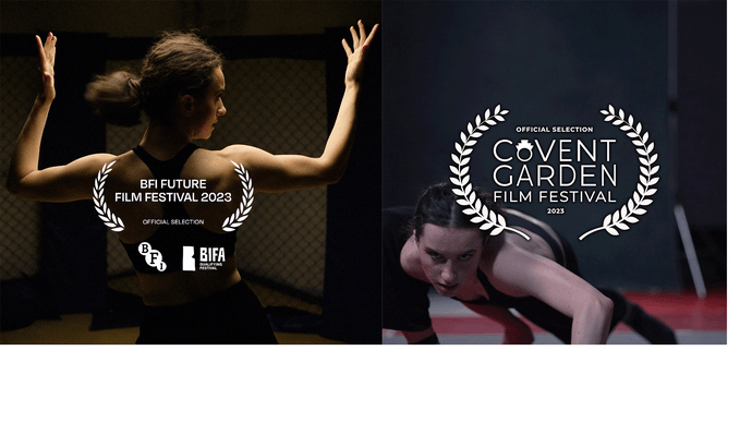 Press image for BFI Future Film Festival. Dancer Bryony Bevan stands centre of frame, with her back to the camera, her arms raised, flexing her muscles. She is inside a fighting ring. Bryony wears a black crop top and has brown tied up hair. The BFI Film Festival laurel is pasted on top of the image. Dancer Bryony Bevan crawls towards the camera, she is low to the ground and looks directly down the lens. The Covent Garden Film Festival laurel is pasted on top of the image. 