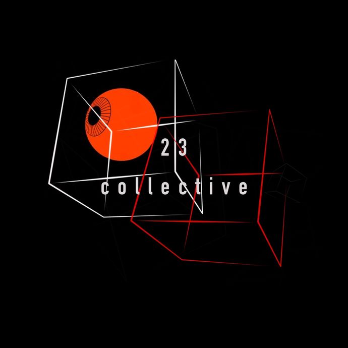 Two 3D cubes in red and white and an orange eyeball against a black background and 23 Collective in white text.