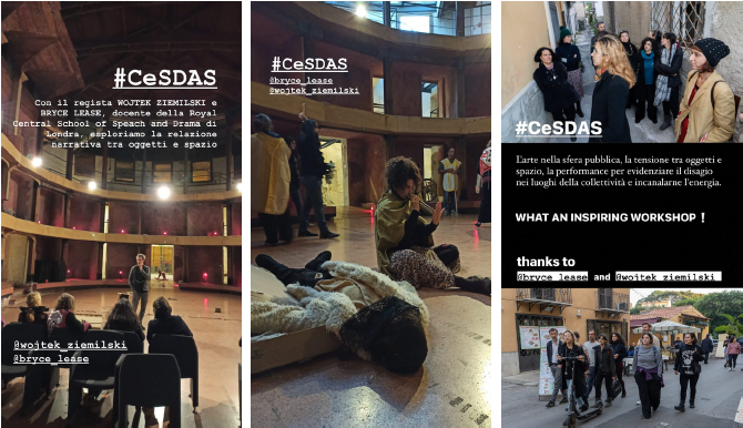 Social media posts of images of students participating in Wojtek Ziemilski and Bryce Lease's workshop