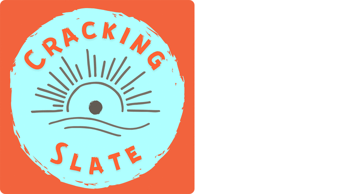 The Cracking Slate logo, an orange background with a light blue circle. In the circle there is orange text reading Cracking Slate. In the very middle there is a grey sunrise/eye opening