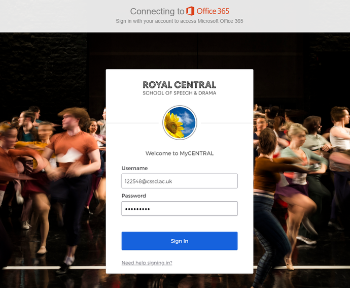 Screen shot of Central's login page