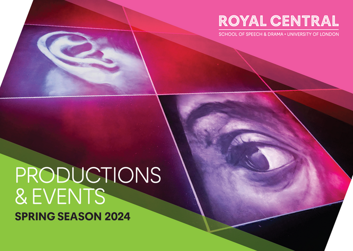 Title page for Central's Productions and Events: Spring Season 2024 brochure. The title and subtitle appear in a white and black capitalised font in the bottom left corner, over a geometric, colourful background including illustrations of a close up of an eye and an ear The Central logo appears in white in the top right hand corner. 